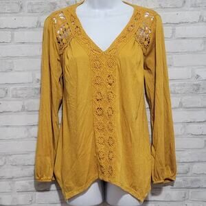 JohnPaulRichard Mustard Yellow Crochet Lace Trim Blouse Womens Size Small
